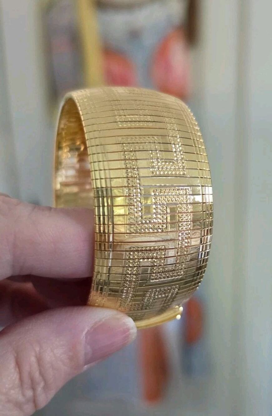Statement Dyadema Wide Gold tone/Greek key Omega Bracelet Gold over Bronze 1990s